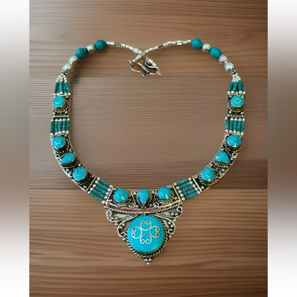 Handcrafted Ethnic Tribal Style Necklace Inlay Turquoise Set In Silver 124grams - Picture 5 of 7